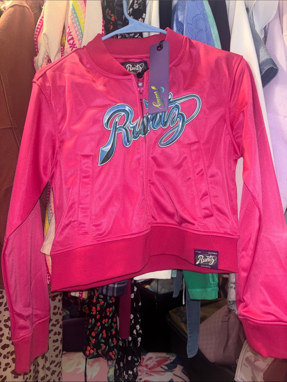 Roxy Women's Hot Pink Script Logo Zip Varsity Jacket medium